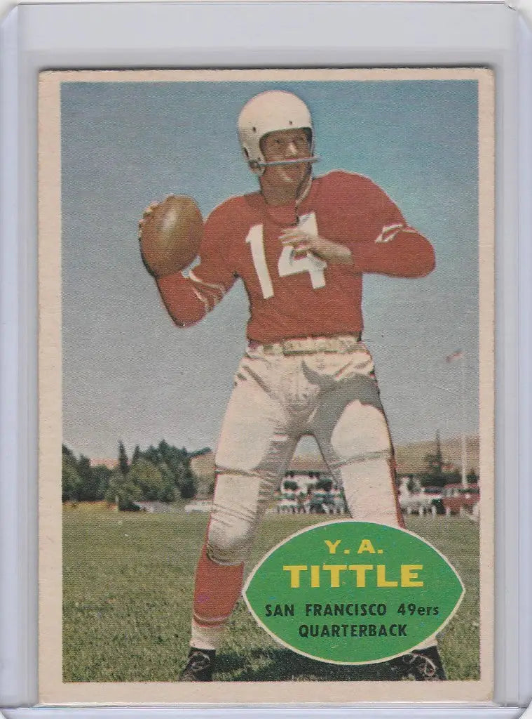 Vintage football card of Y.A. Tittle in San Francisco 49ers red jersey number 14