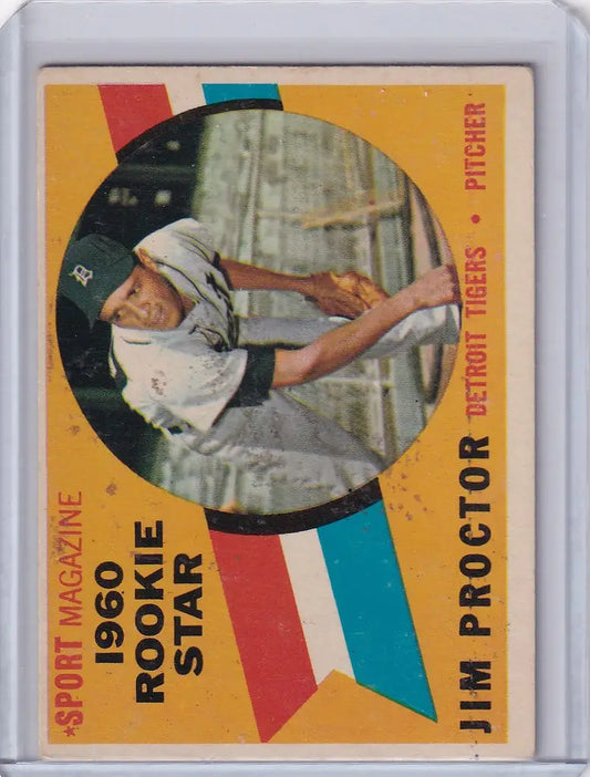 Baseball card of Jim Proctor swinging bat in white uniform for Detroit Tigers RC