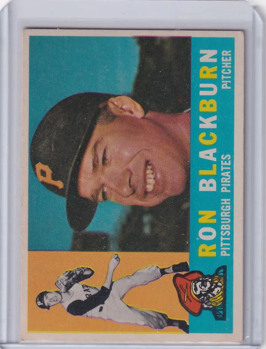 Baseball card of Ron Blackburn smiling in a Pittsburgh Pirates cap