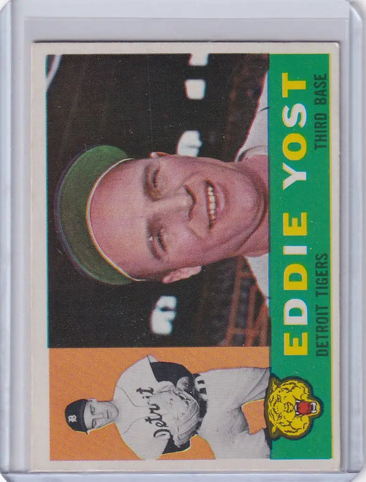 Eddie Yost baseball card, smiling player in green cap, Detroit Tigers collectible