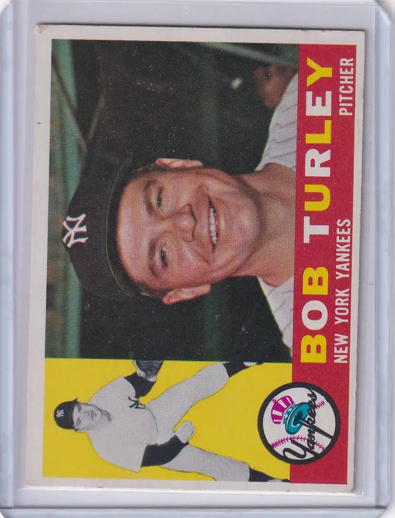 Baseball card of Bob Turley smiling in a New York Yankees cap for trading cards collection