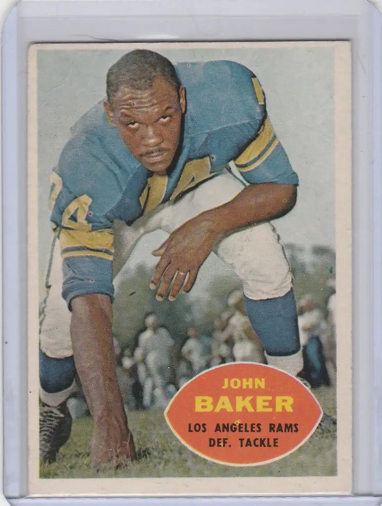 Vintage football card of John Baker from the Los Angeles Rams EXMT blue uniform