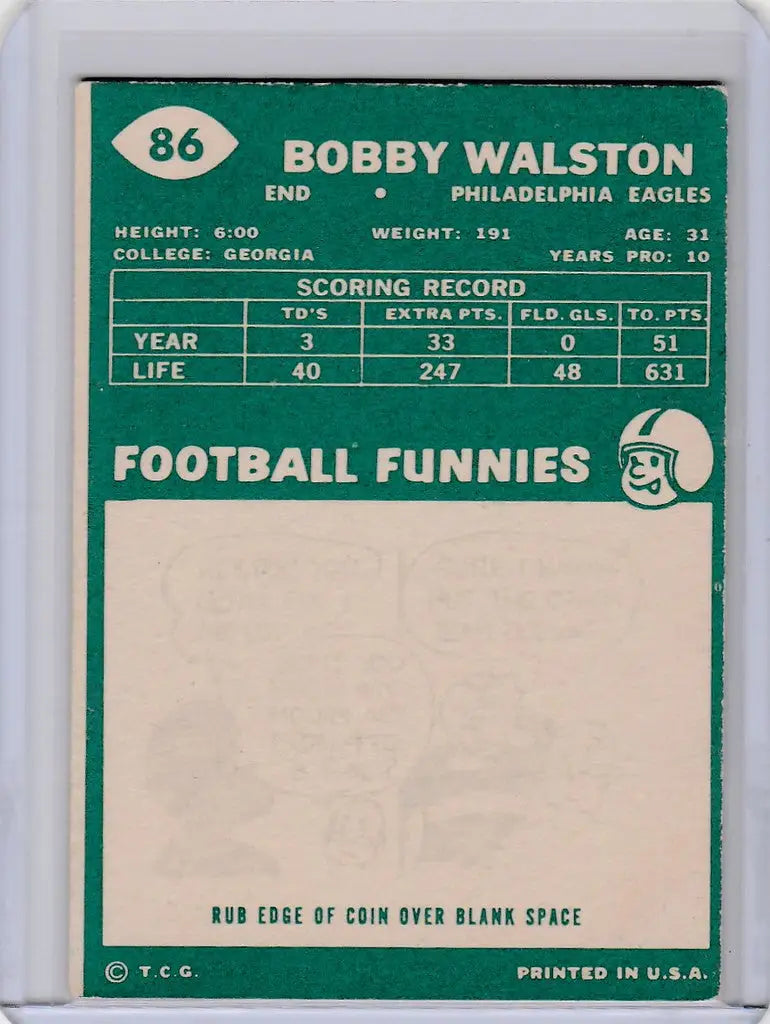 Vintage 1960 Topps #86 Bobby Walston Philadelphia Eagles trading card with statistics