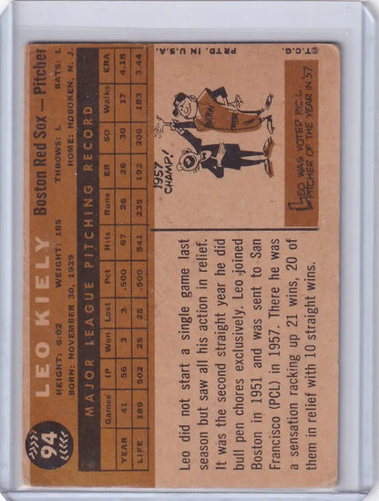 Vintage baseball card featuring Leo Kiely Boston Red Sox statistics and illustration