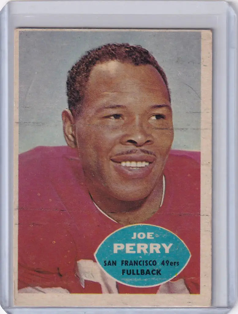 Vintage Topps Football card of Joe Perry, San Francisco 49ers player in red jersey