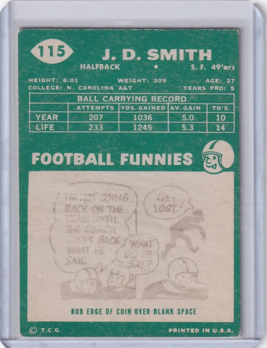 Vintage 1960 Topps Football #115 trading card featuring J.D. Smith of the San Francisco 49ers