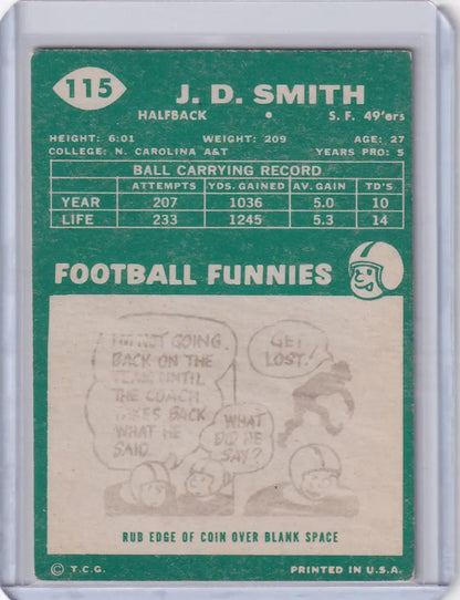 Vintage 1960 Topps Football #115 trading card featuring J.D. Smith of the San Francisco 49ers