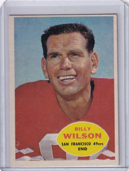 Vintage Topps Football card of Billy Wilson smiling in a red San Francisco 49ers jersey