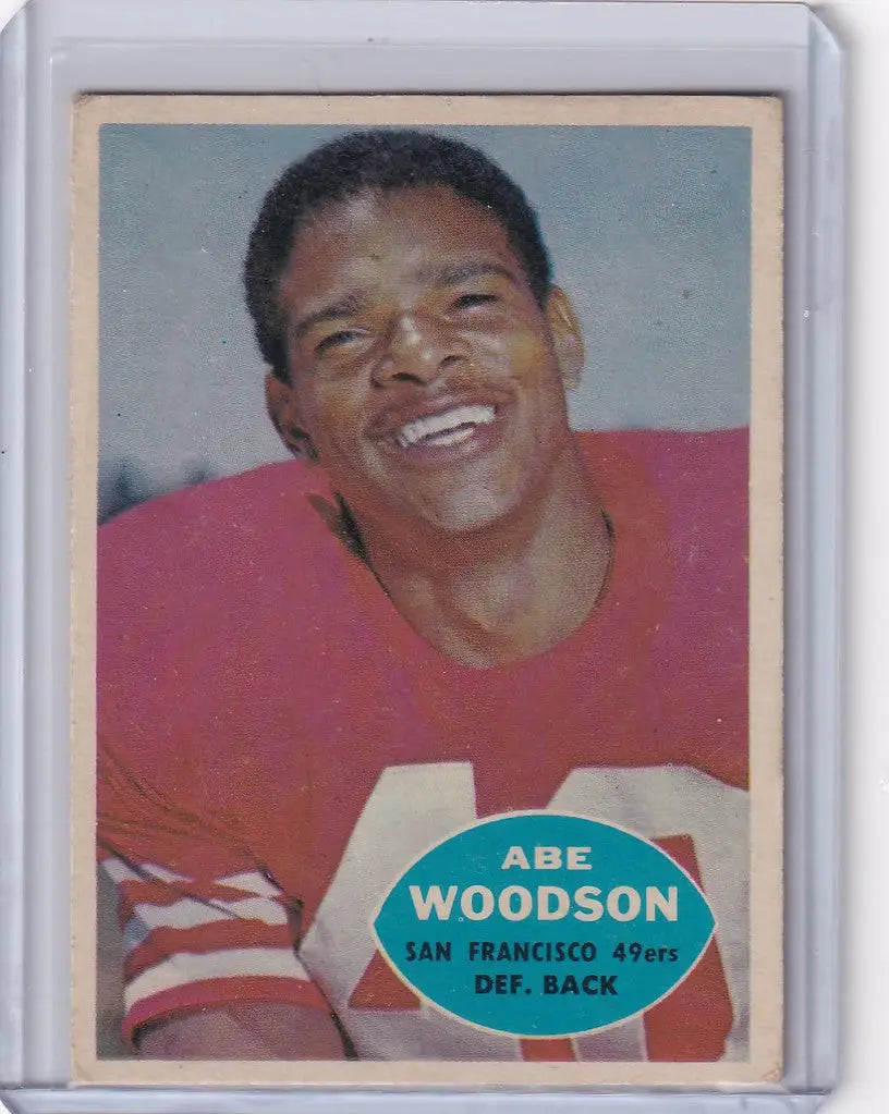 Vintage Topps Football card of Abe Woodson in red jersey for San Francisco 49ers