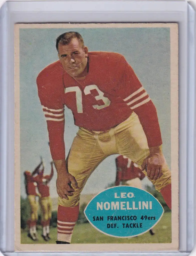 Vintage Topps Football card of Leo Nomellini in red jersey for San Francisco 49ers