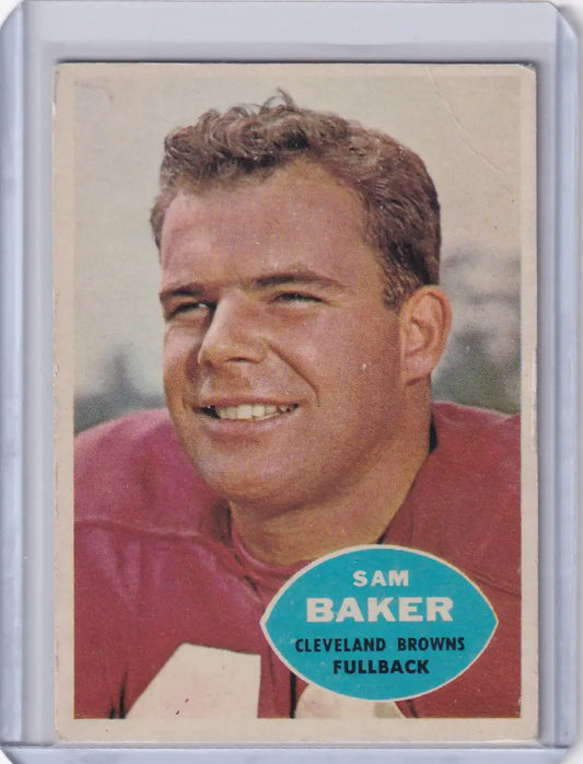 Vintage Topps Football card of Sam Baker, Cleveland Browns fullback in red jersey