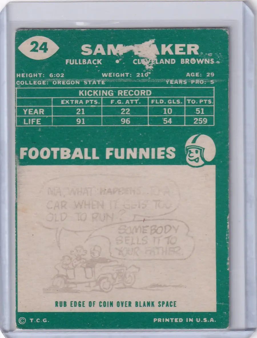 Vintage Topps Football card of Sam Baker from the Cleveland Browns with cartoon artwork