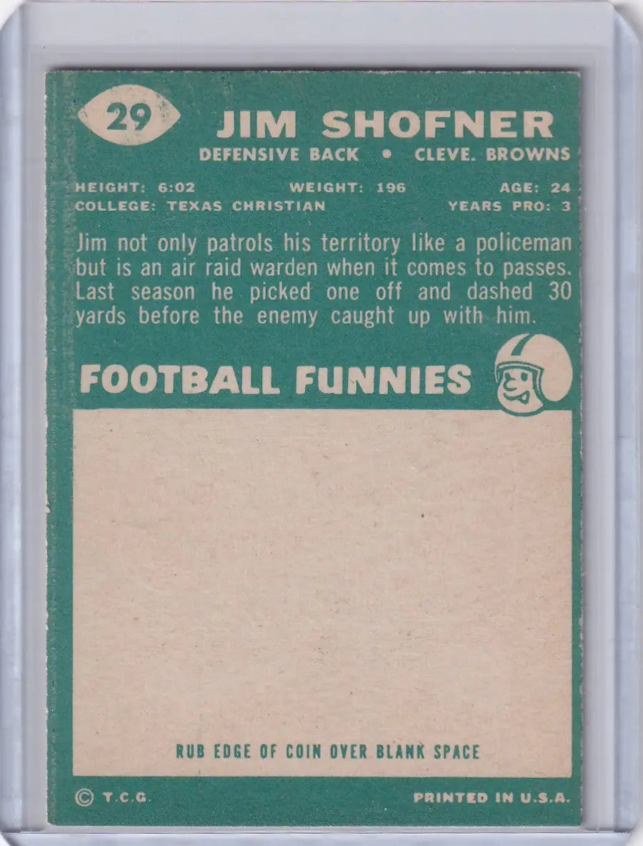 Vintage 1960 Topps Football Jim Shofner RC card back with Cleveland Browns player stats