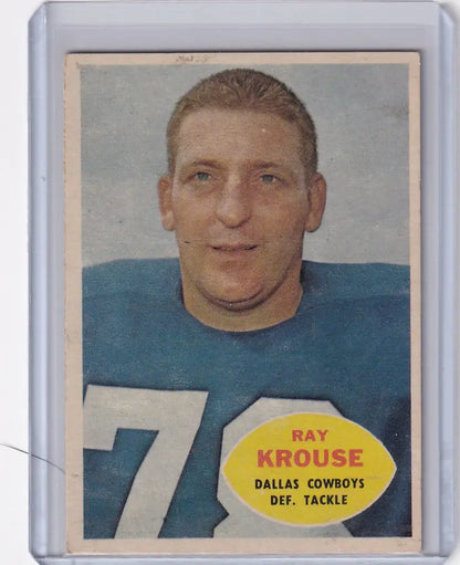 Vintage 1960 Topps Football card of Ray Krouse in Dallas Cowboys blue jersey