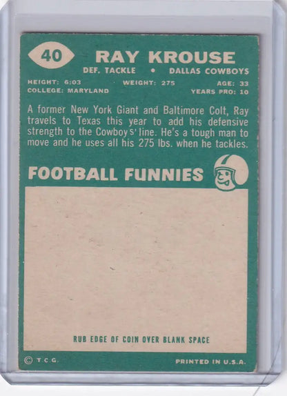 Vintage Topps Football card of Ray Krouse, Dallas Cowboys player from 1960