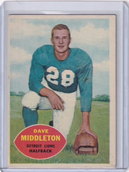 Vintage 1960 Topps Football Card of Dave Middleton, Detroit Lions Halfback in Teal Jersey