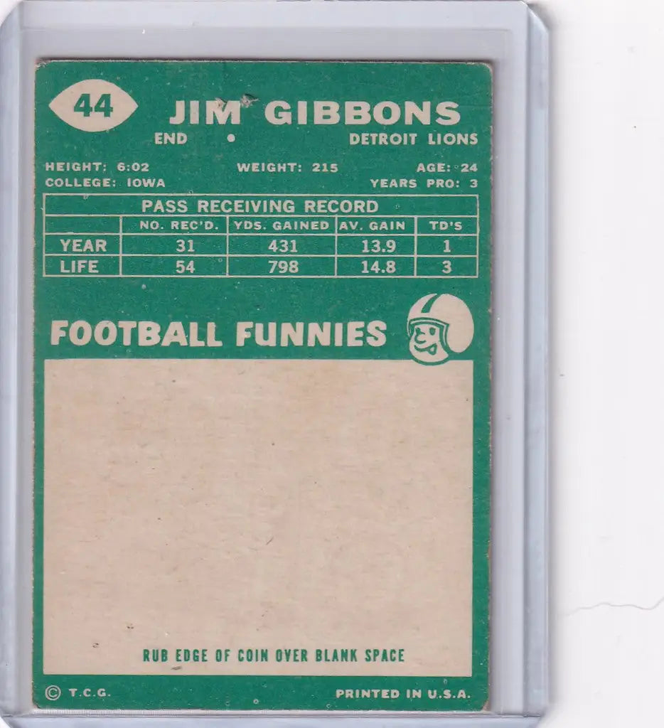 Vintage Topps Football trading card of Jim Gibbons from the Detroit Lions