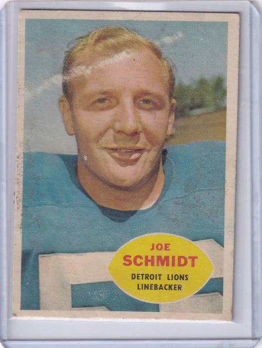 Vintage Topps football card of Joe Schmidt, Detroit Lions linebacker from the 1960s