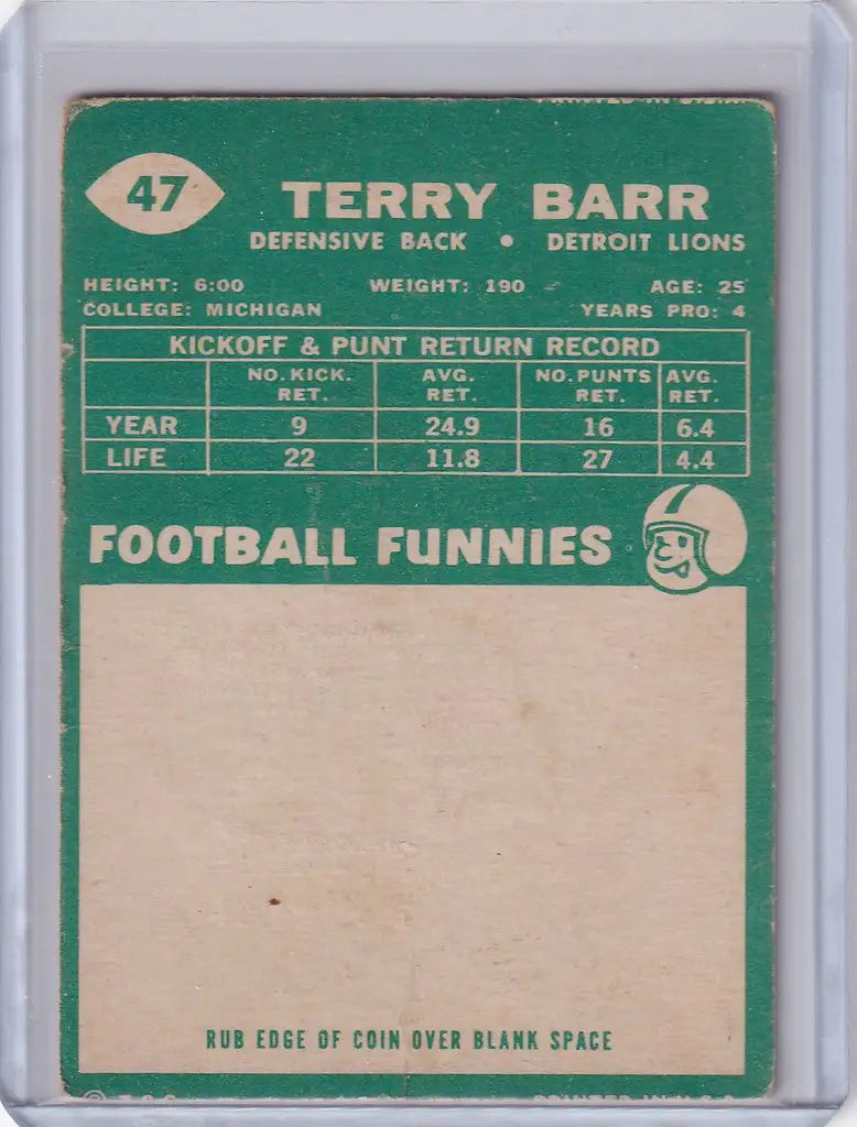 1960 Topps Football card of Terry Barr featuring player stats and Football Funnies section