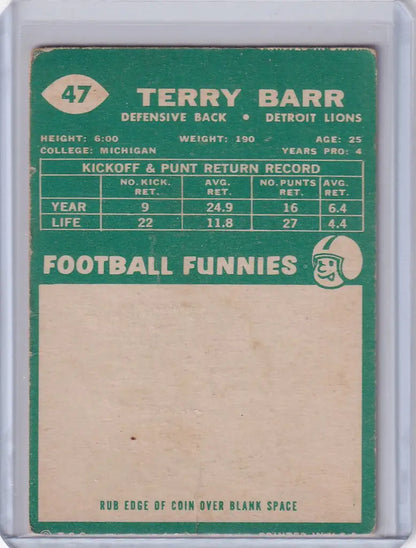 1960 Topps Football card of Terry Barr featuring player stats and Football Funnies section