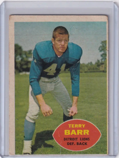 Vintage Topps Football card of Terry Barr, Detroit Lions player in blue jersey 41