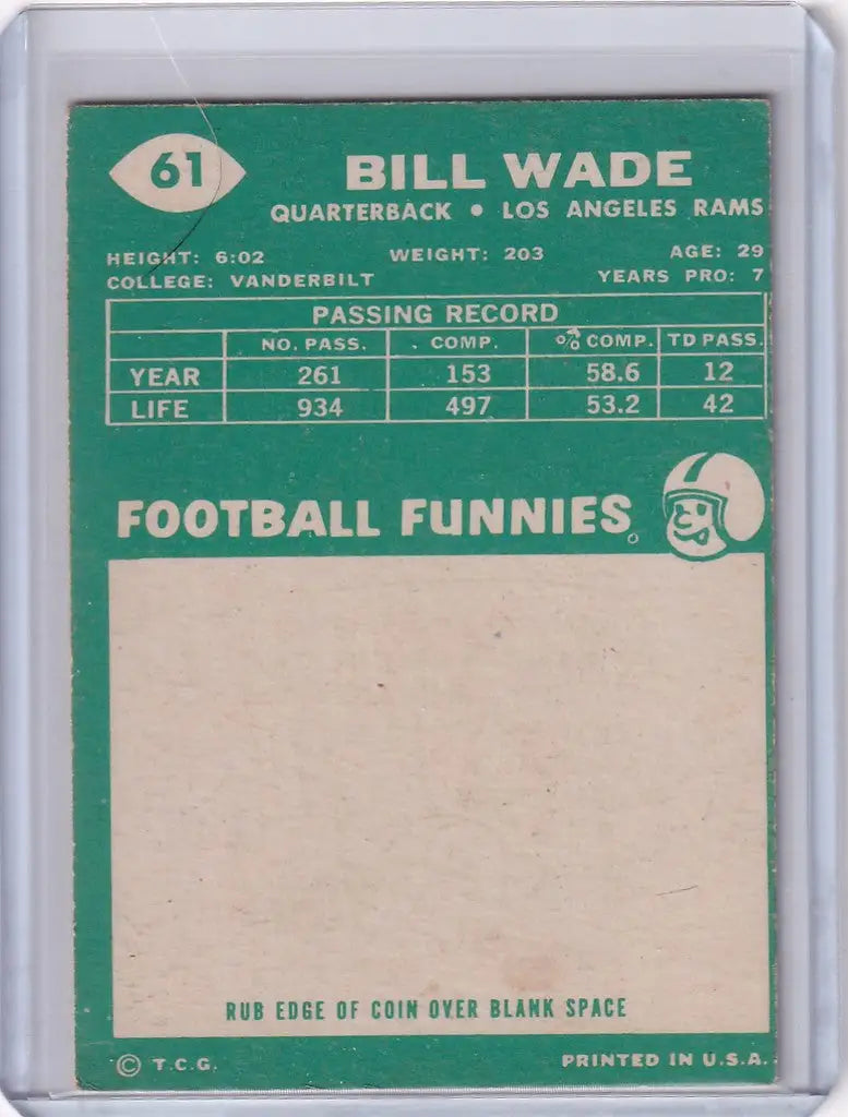 Vintage Topps Football card featuring Bill Wade of the Los Angeles Rams UER