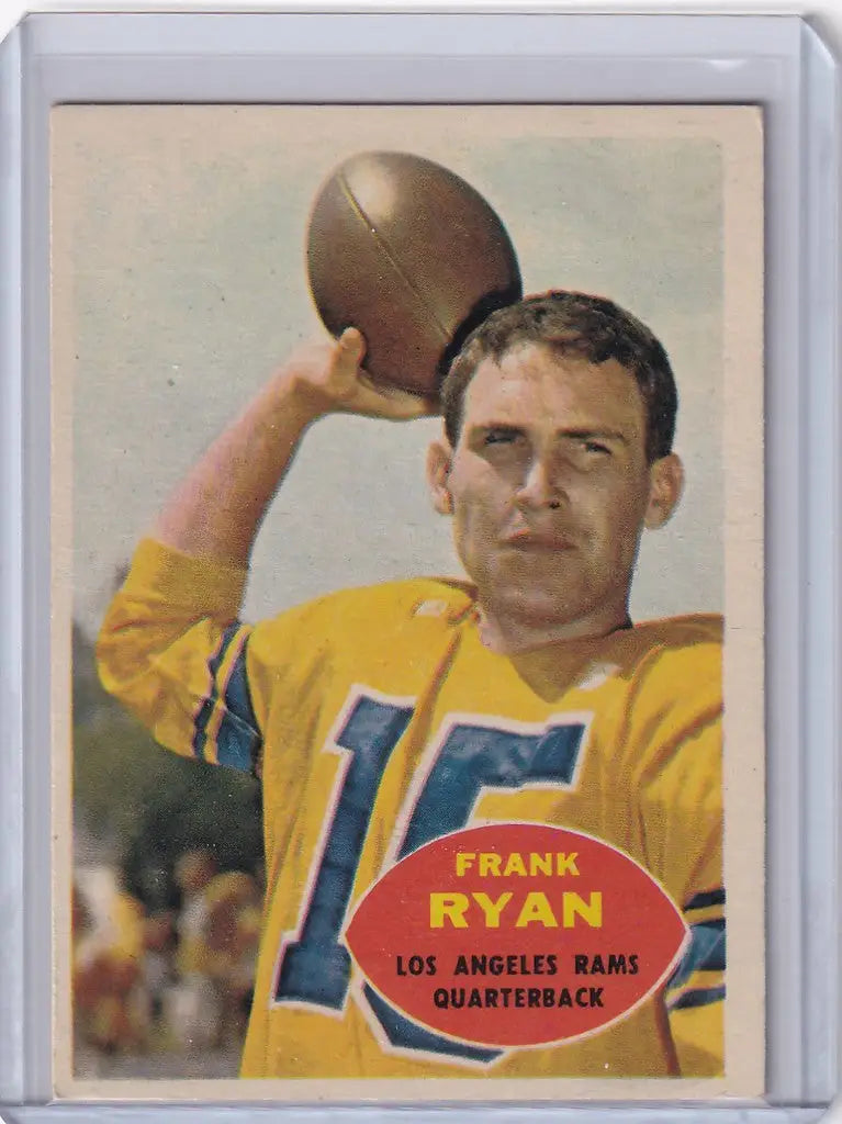 Vintage Topps Football card of Frank Ryan in a yellow Los Angeles Rams jersey