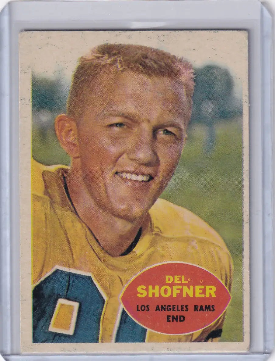 Vintage 1960 Topps Football card of Del Shofner for Los Angeles Rams in yellow jersey