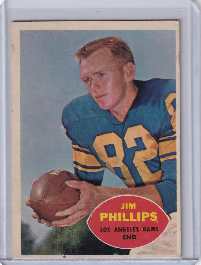 Vintage Topps Football card of Jim Phillips in Los Angeles Rams uniform with football