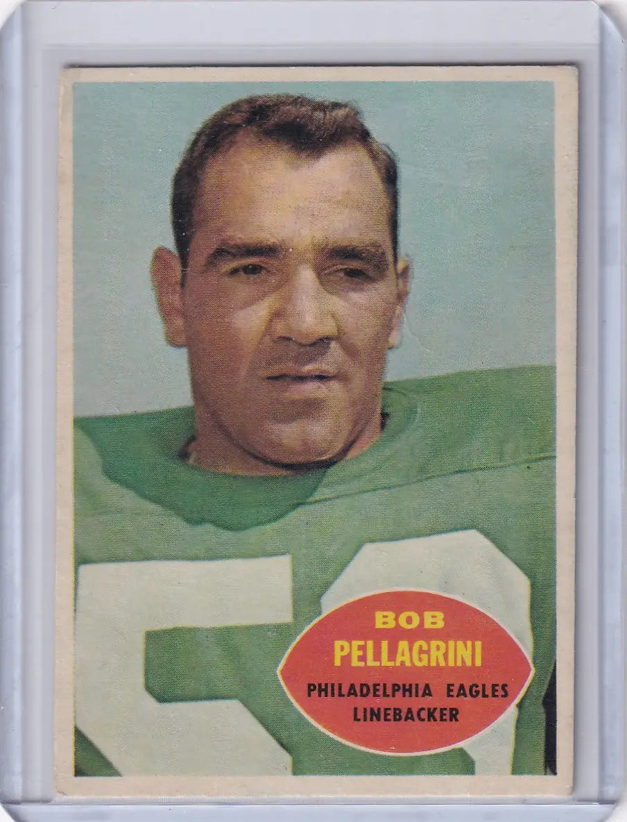 Vintage Topps Football card of Bob Pellegrini in a Philadelphia Eagles green jersey