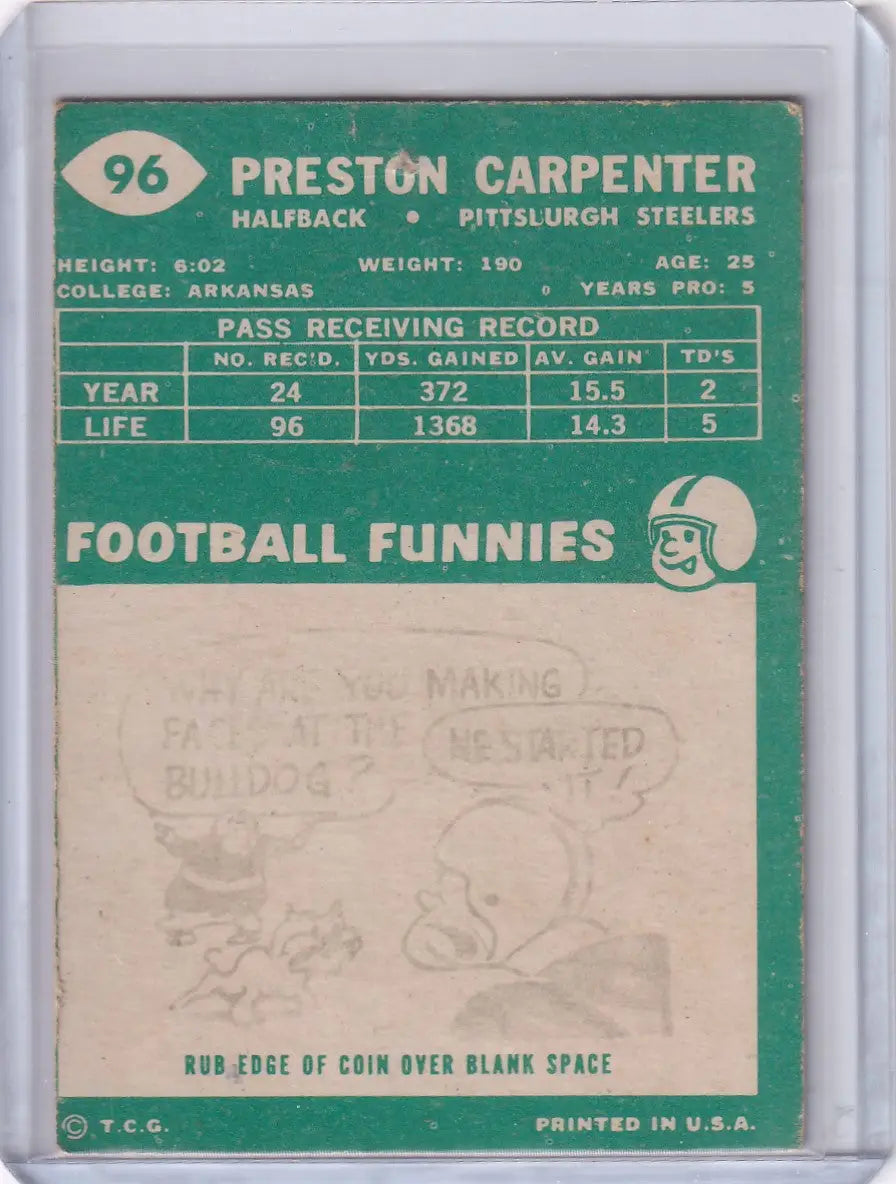 Vintage 1960 Topps Football card featuring Preston Carpenter of the Pittsburgh Steelers