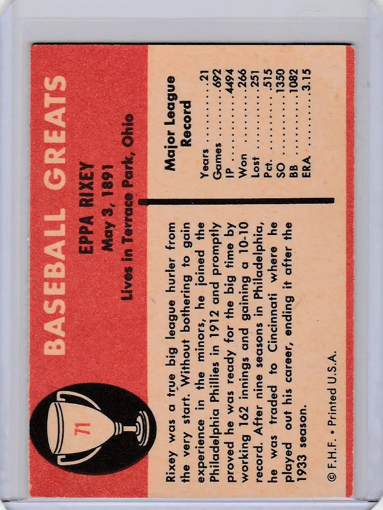 Vintage Fleer Baseball Greats card featuring Eppa Rixey Cincinnati Reds EXMT statistics and illustration