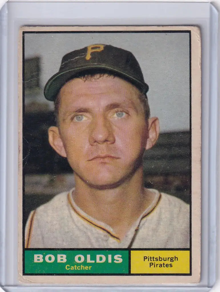 Baseball card of Bob Oldis - Pittsburgh Pirates sporting a dark cap with P logo