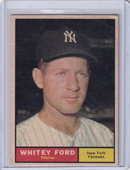 Baseball card of Whitey Ford in New York Yankees pinstriped uniform and cap