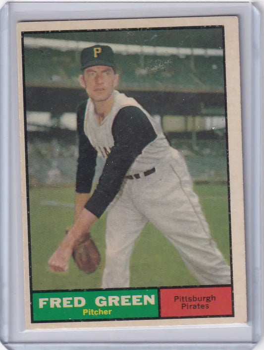 Fred Green in pitching stance on 1961 Topps #181 baseball card, Pittsburgh Pirates