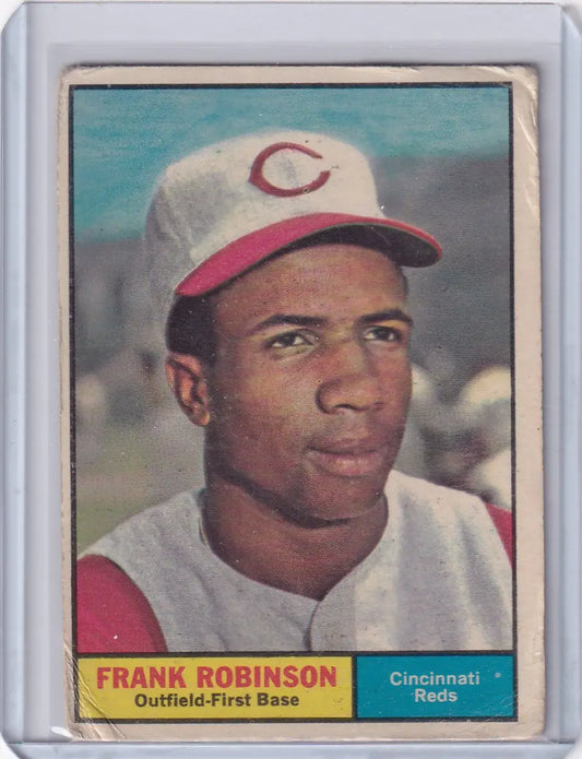 Vintage 1961 Topps Frank Robinson Cincinnati Reds trading card with player in white uniform