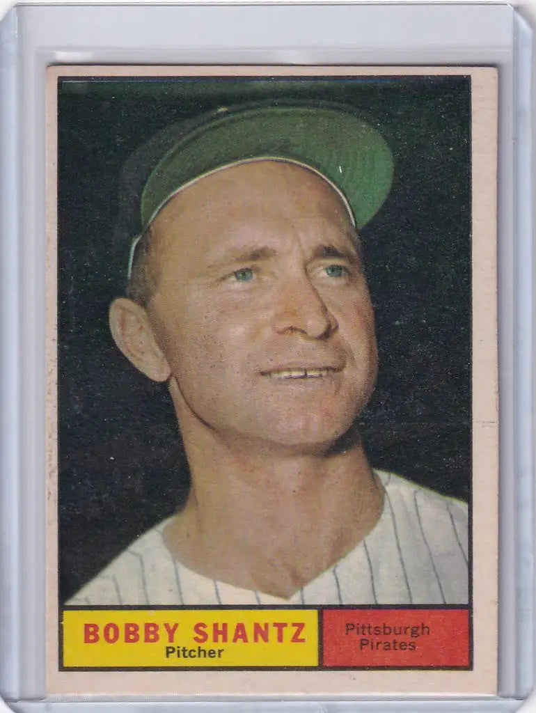 Baseball card of Bobby Shantz, Pittsburgh Pirates pitcher in cap and white uniform