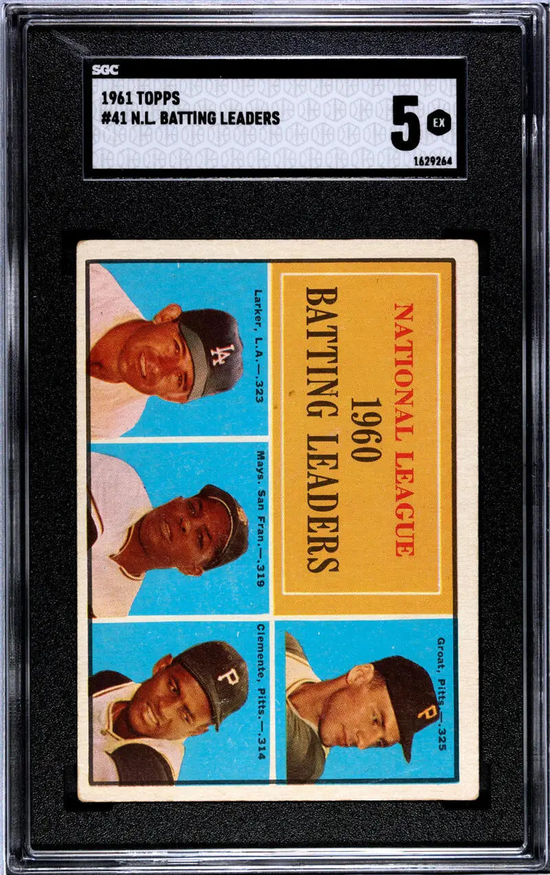 1960 Topps National League Batting Leaders card featuring Willie Mays and Clemente SGC 5 EX