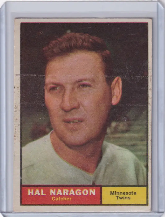 Hal Naragon baseball card from 1961 Topps featuring Minnesota Twins player