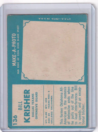 Vintage turquoise Topps Football card back for Krisher - Dallas Texans with blank photo space