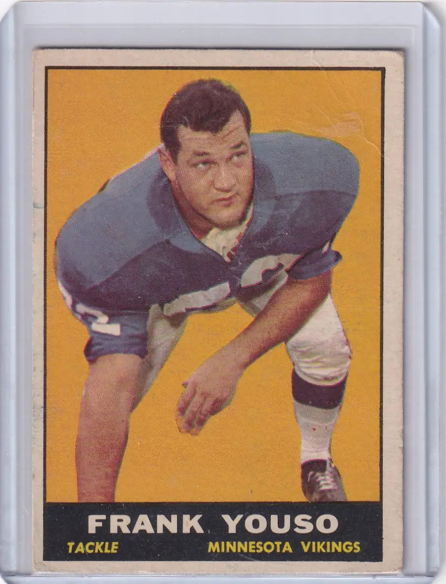 Vintage 1961 Topps Football card of Frank Youso in three-point stance for Minnesota Vikings