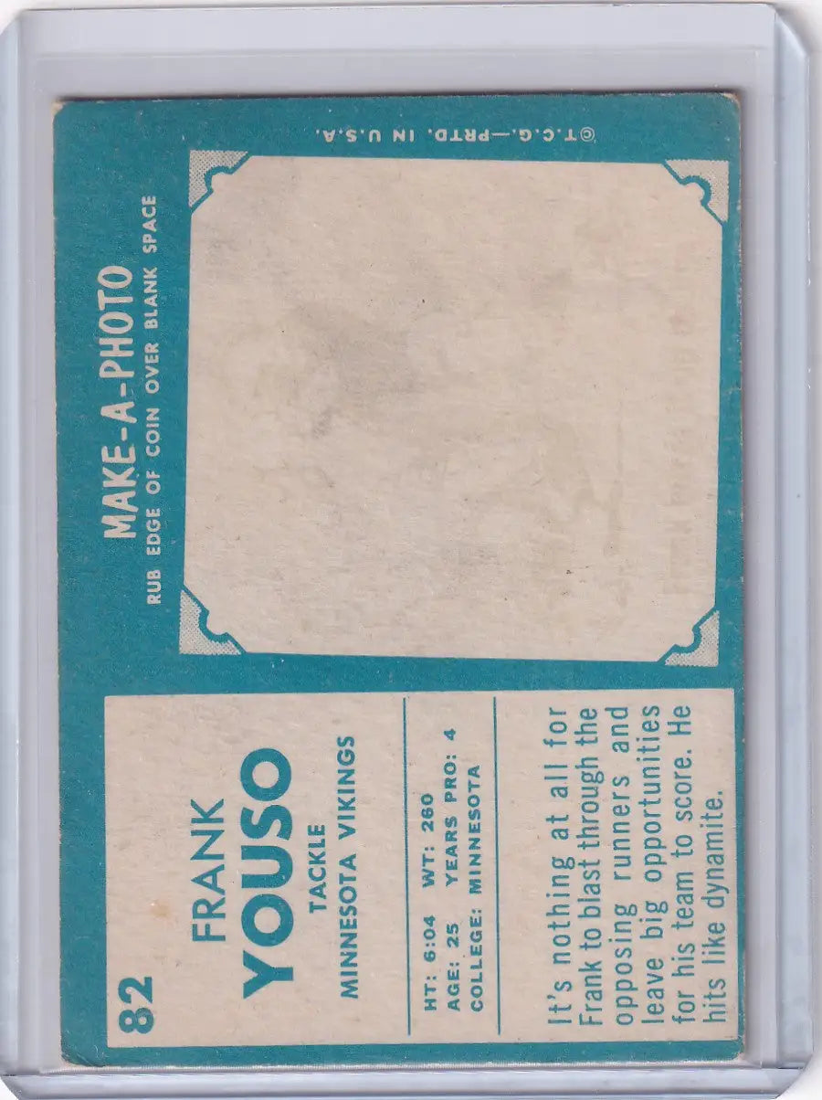 Vintage turquoise 1961 Topps Football card of Frank Youso, Minnesota Vikings RC