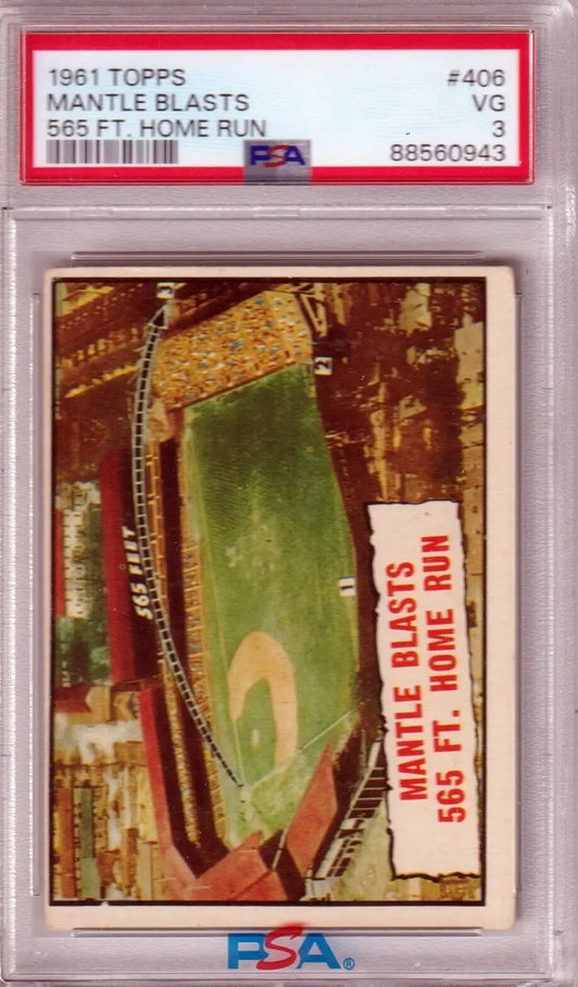 PSA-graded vintage baseball card featuring a green diamond from 1961 Topps Mickey Mantle