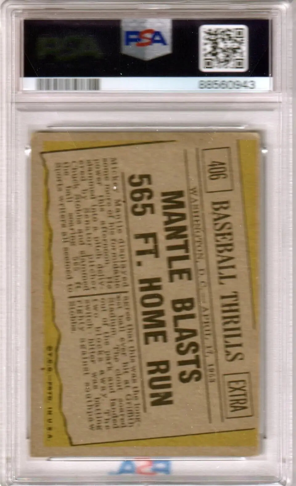 Vintage baseball card 1961 Topps Mickey Mantle PSA 3 in Columbia Hobby holder, free shipping