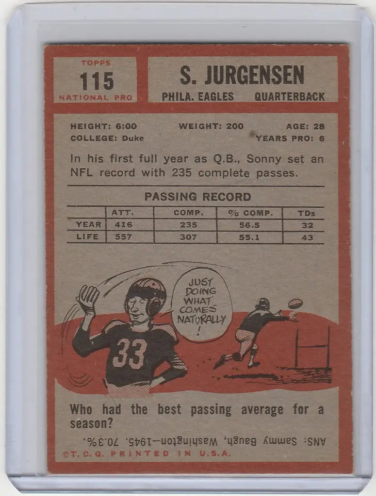 Vintage 1962 Topps #115 Sonny Jurgensen Philadelphia Eagles football trading card EX