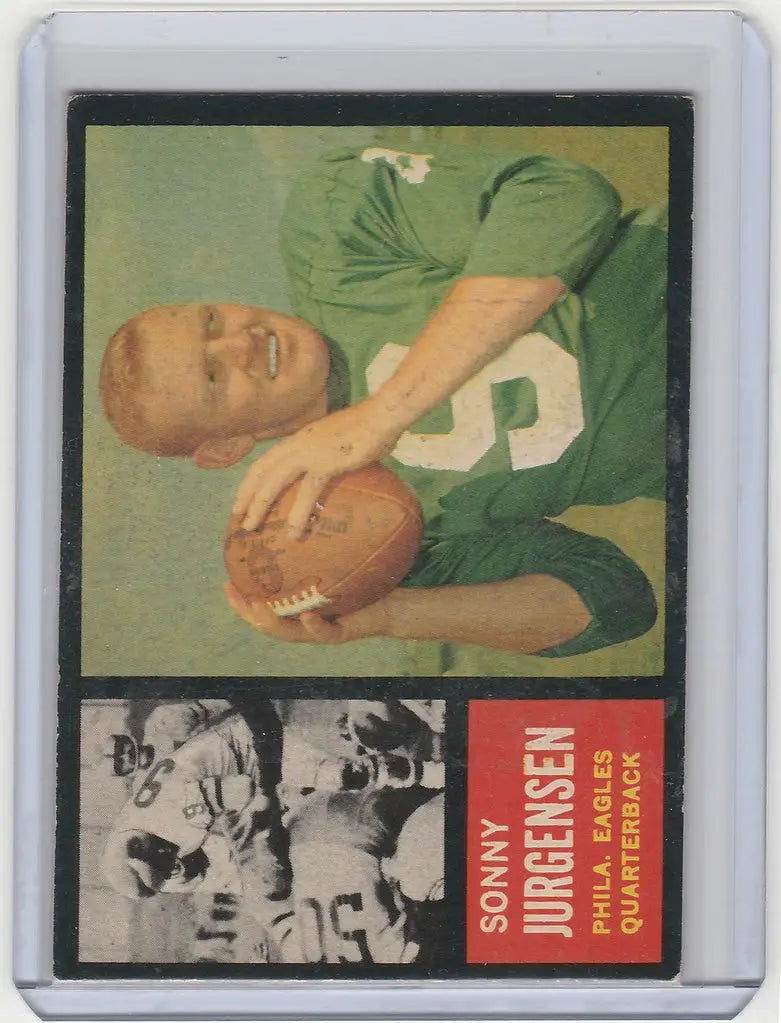 Vintage football trading card of Sonny Jurgensen Philadelphia Eagles in green jersey