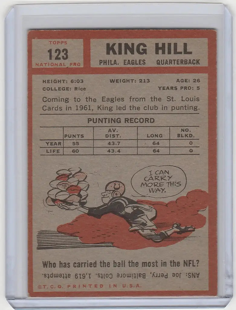 Vintage 1962 Topps football trading card of King Hill Philadelphia Eagles quarterback