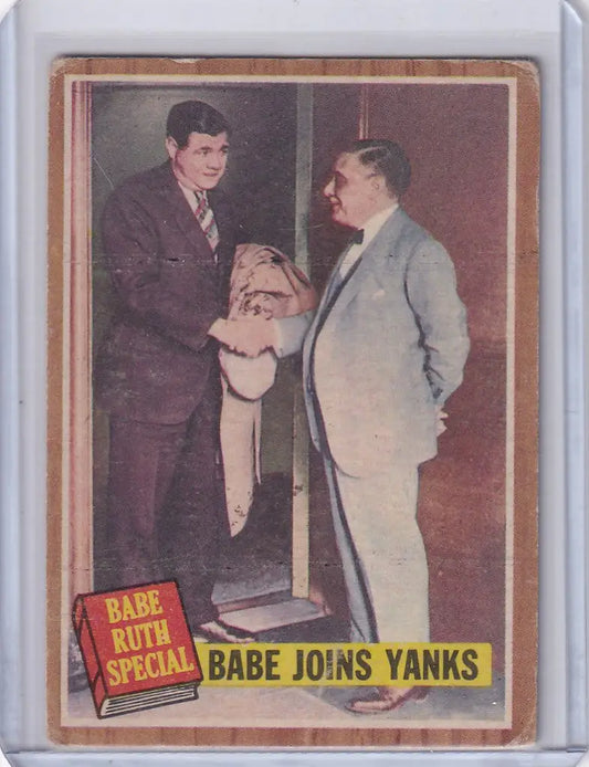 Vintage baseball trading card of Babe joins Yanks with two men shaking hands