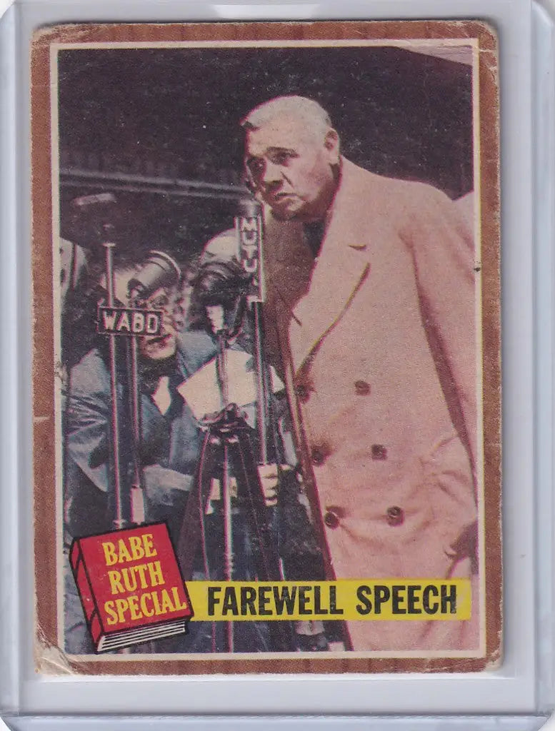 Vintage Babe Ruth trading card showcasing a farewell speech at a microphone