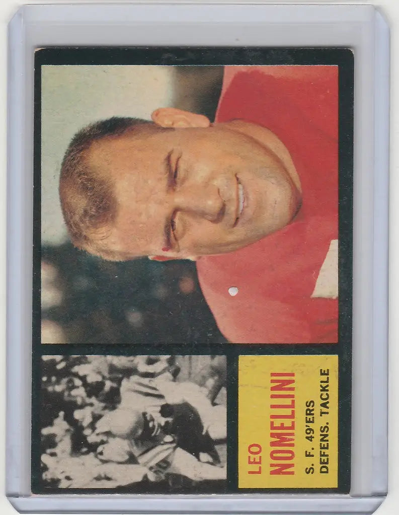 Baseball card of Leo Nomellini smiling in red shirt with San Francisco 49ers action shot